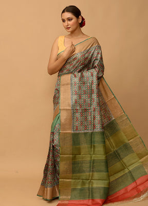 Green Tussar Silk Saree With Blouse Piece - Indian Silk House Agencies