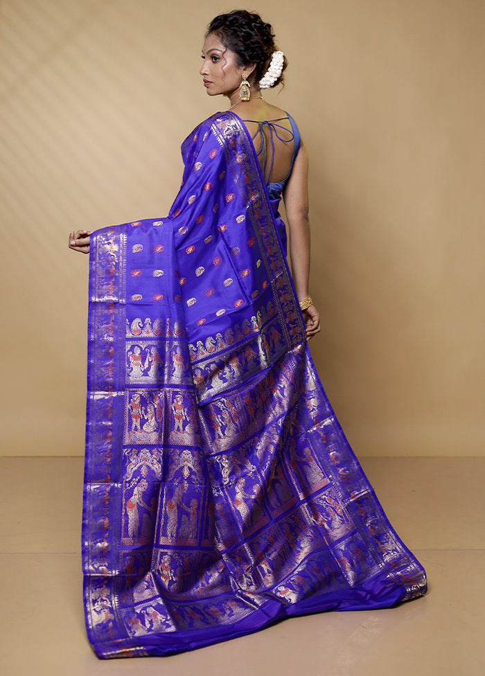 Blue Handloom Baluchari Pure Silk Saree With Blouse Piece
