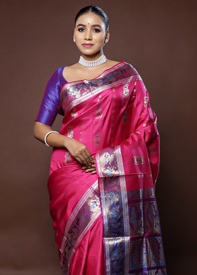 Pink Handloom Baluchari Pure Silk Saree With Blouse Piece