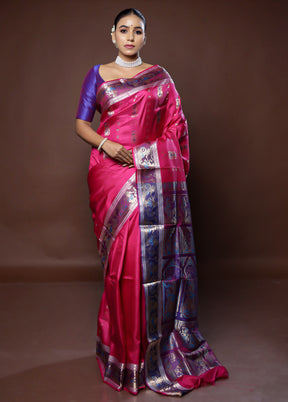 Pink Handloom Baluchari Pure Silk Saree With Blouse Piece