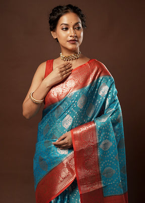 Blue Dupion Silk Saree With Blouse Piece - Indian Silk House Agencies