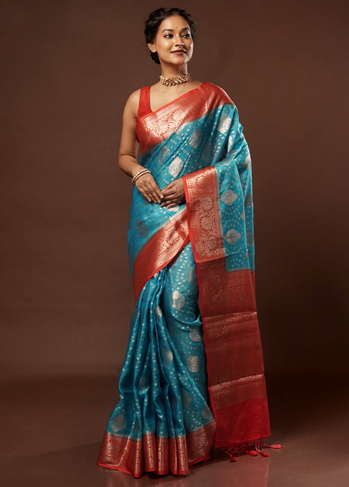 Blue Dupion Silk Saree With Blouse Piece