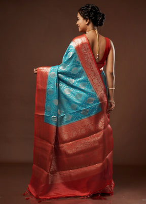 Blue Dupion Silk Saree With Blouse Piece