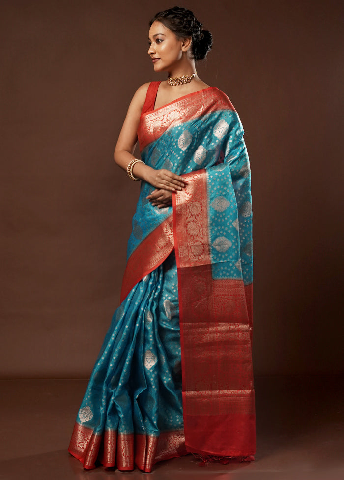 Blue Dupion Silk Saree With Blouse Piece - Indian Silk House Agencies