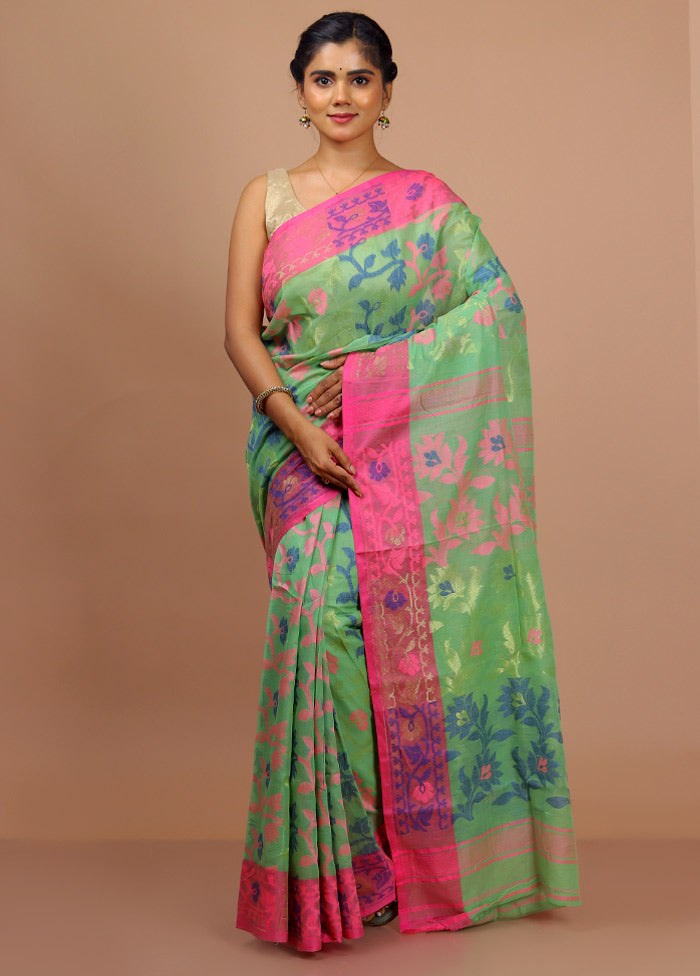 Green Cotton Saree With Blouse Piece - Indian Silk House Agencies