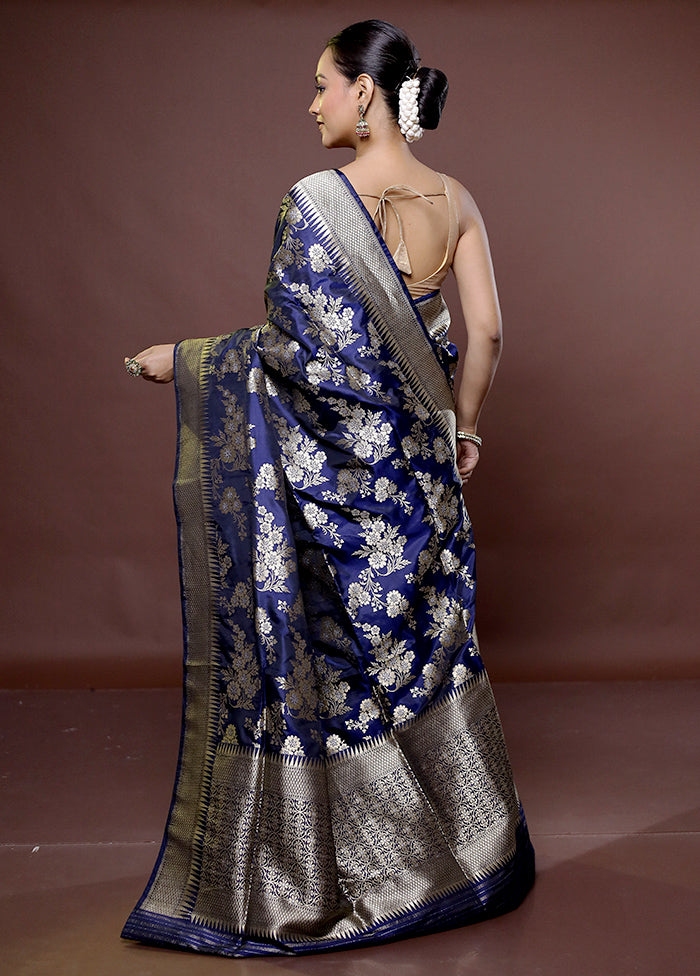 Blue Handloom Katan Pure Silk Saree With Blouse Piece