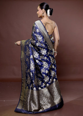 Blue Handloom Katan Pure Silk Saree With Blouse Piece