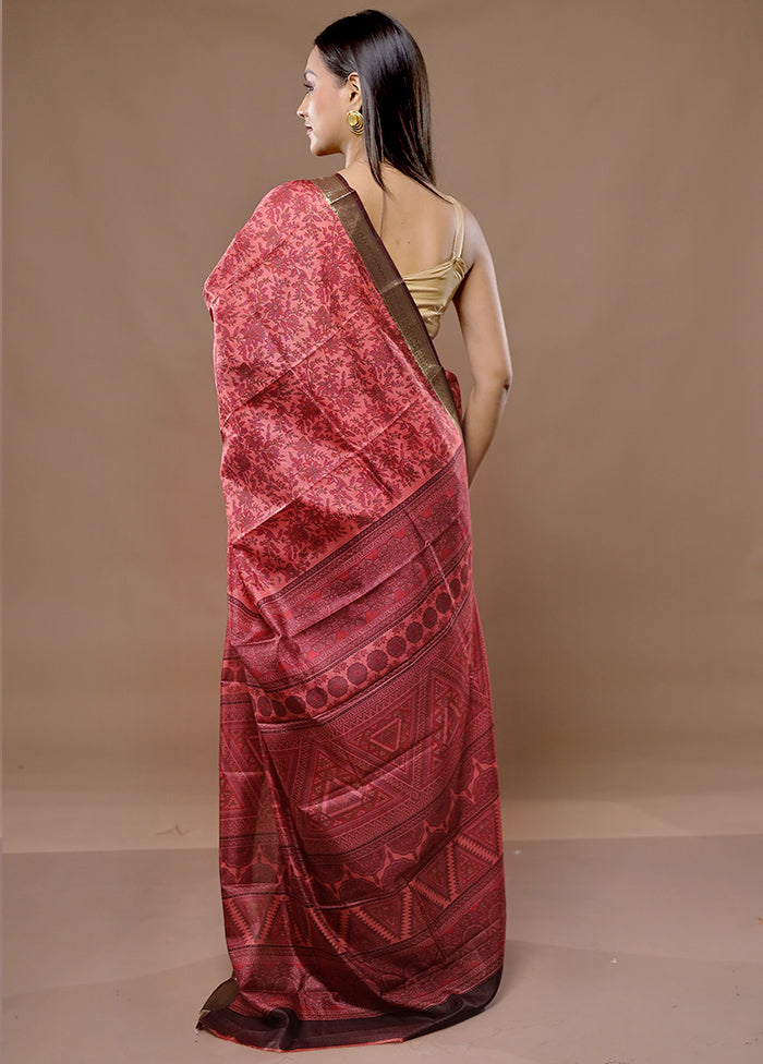 Pink Printed Pure Silk Saree With Blouse Piece