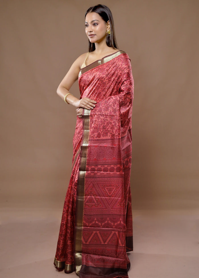 Pink Printed Pure Silk Saree With Blouse Piece - Indian Silk House Agencies