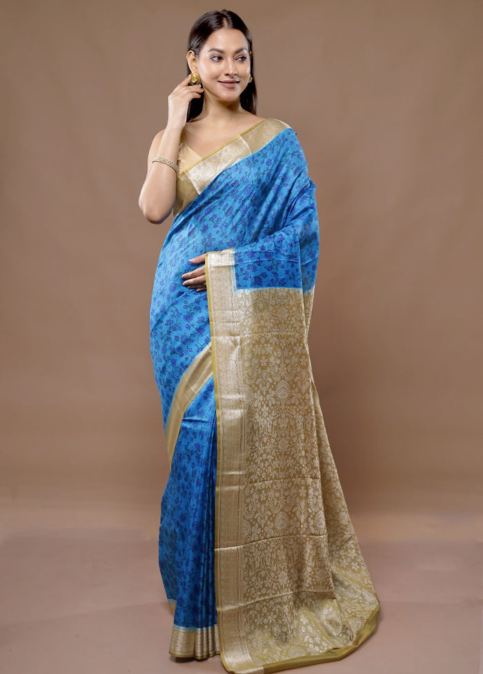 Blue Printed Pure Silk Saree With Blouse Piece - Indian Silk House Agencies