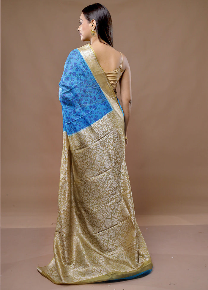 Blue Printed Pure Silk Saree With Blouse Piece - Indian Silk House Agencies