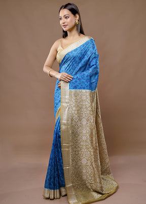 Blue Printed Pure Silk Saree With Blouse Piece - Indian Silk House Agencies