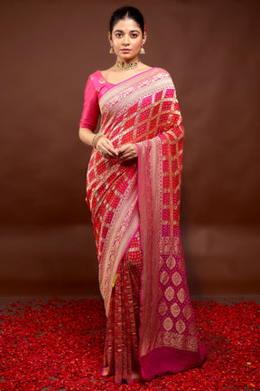 Red Handloom Pure Georgette Saree With Blouse Piece