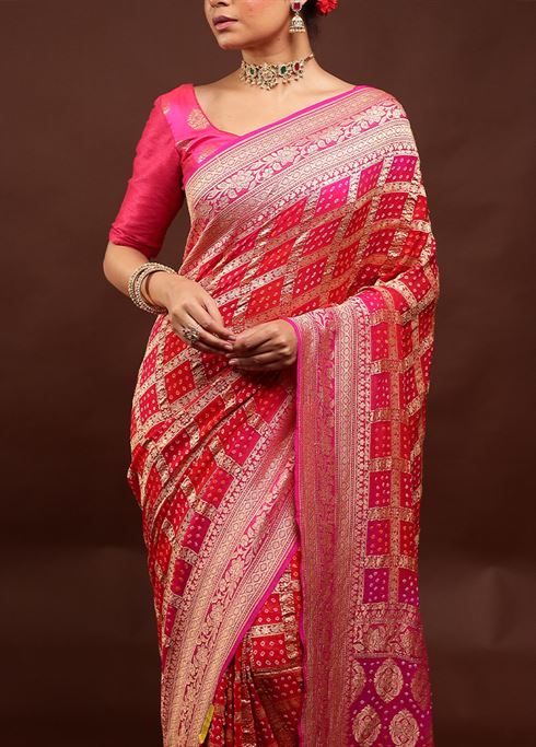 Red Handloom Pure Georgette Saree With Blouse Piece