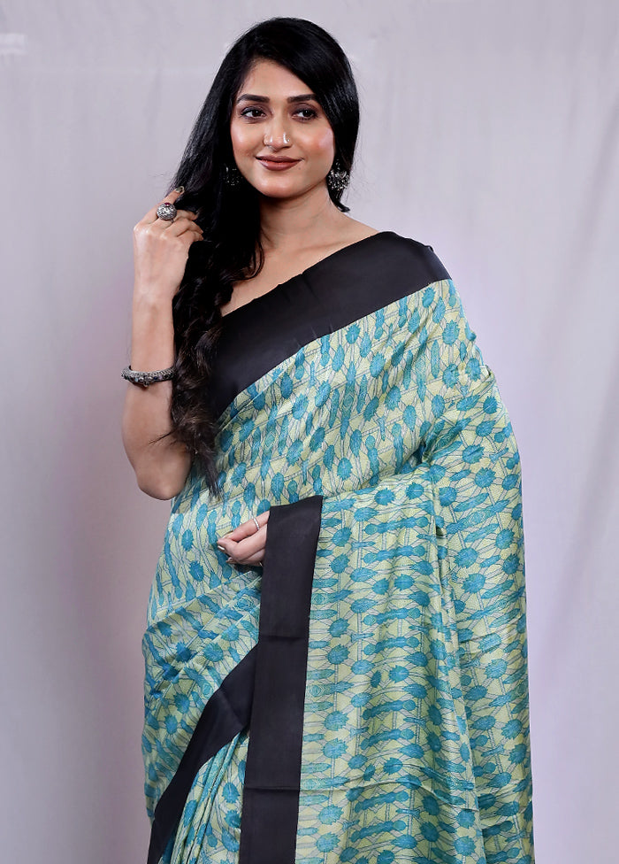 Green Printed Pure Silk Saree With Blouse Piece