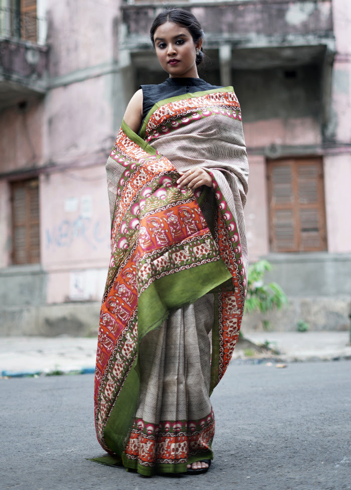 Grey Printed Pure Silk Saree With Blouse Piece - Indian Silk House Agencies