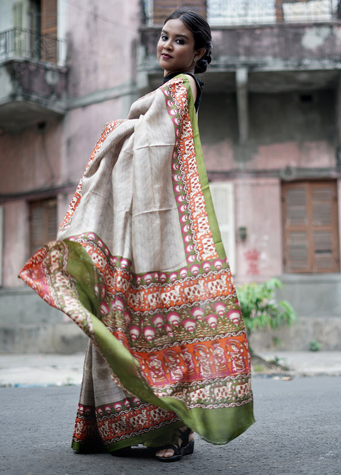 Grey Printed Pure Silk Saree With Blouse Piece - Indian Silk House Agencies