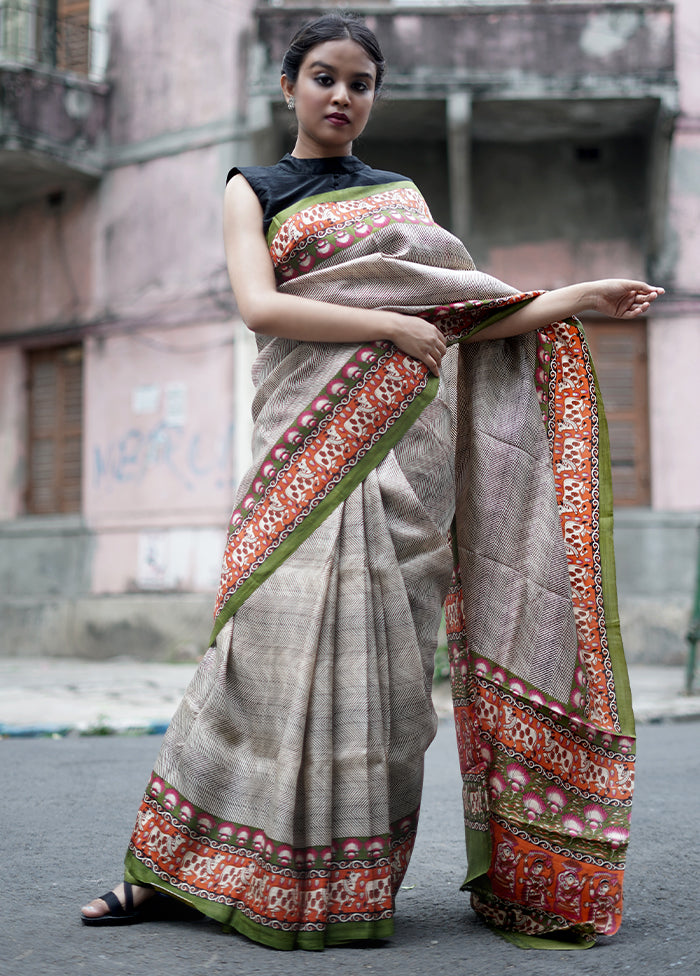 Grey Printed Pure Silk Saree With Blouse Piece