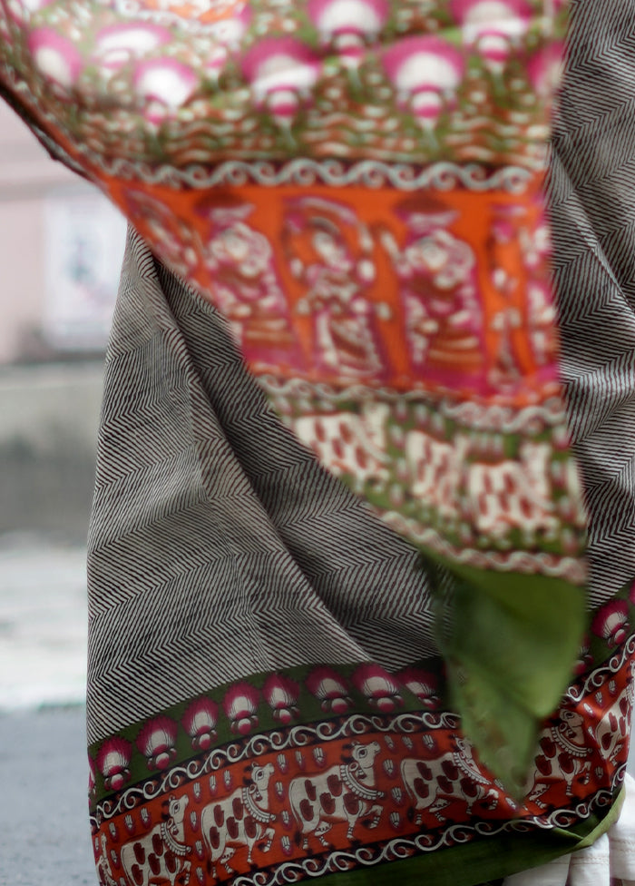 Grey Printed Pure Silk Saree With Blouse Piece - Indian Silk House Agencies
