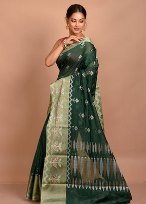 Green Cotton Saree With Blouse Piece - Indian Silk House Agencies