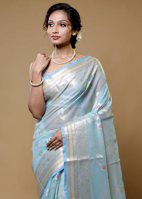 Blue Organza Saree With Blouse Piece