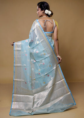 Blue Organza Saree With Blouse Piece