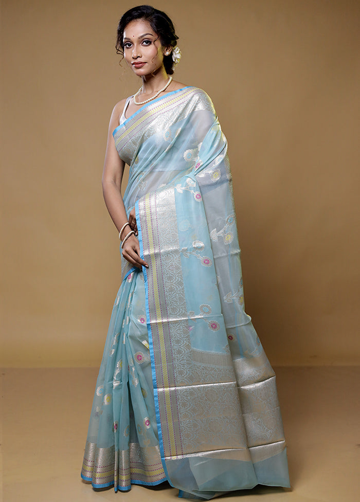 Blue Organza Saree With Blouse Piece