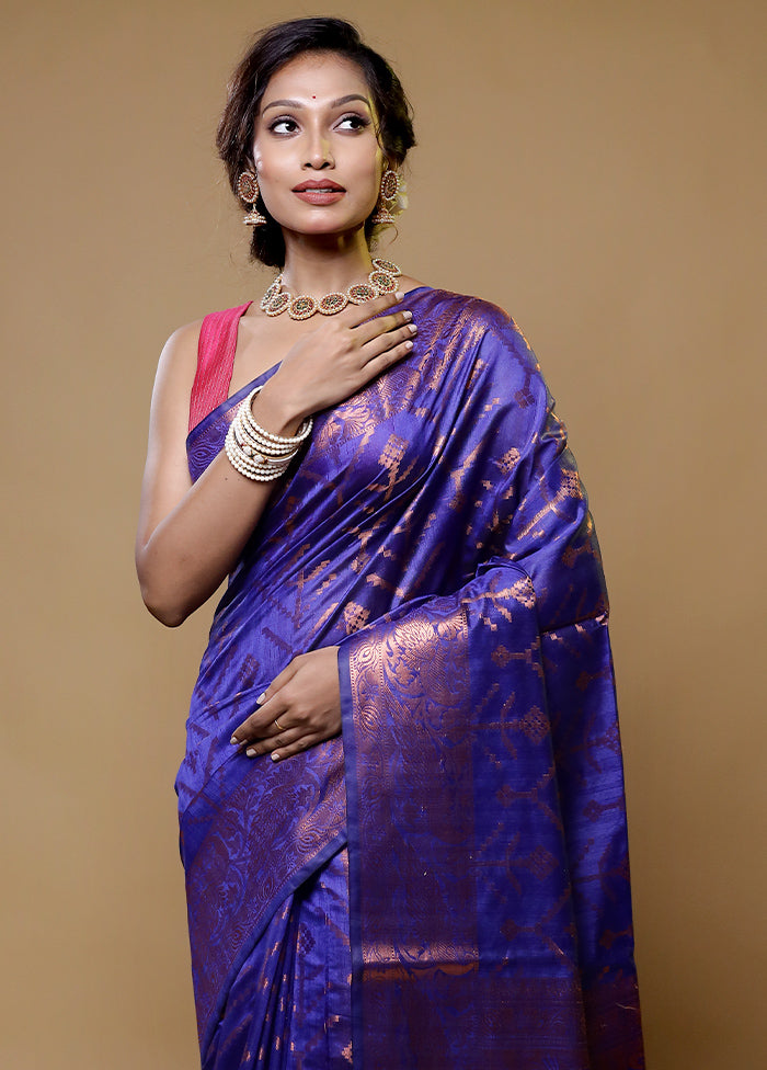 Blue Dupion Silk Saree With Blouse Piece