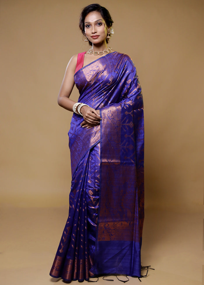 Blue Dupion Silk Saree With Blouse Piece