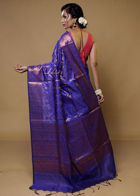 Blue Dupion Silk Saree With Blouse Piece