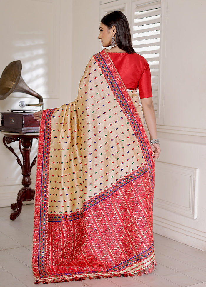 Cream Pure Assam Silk Saree With Blouse Piece - Indian Silk House Agencies