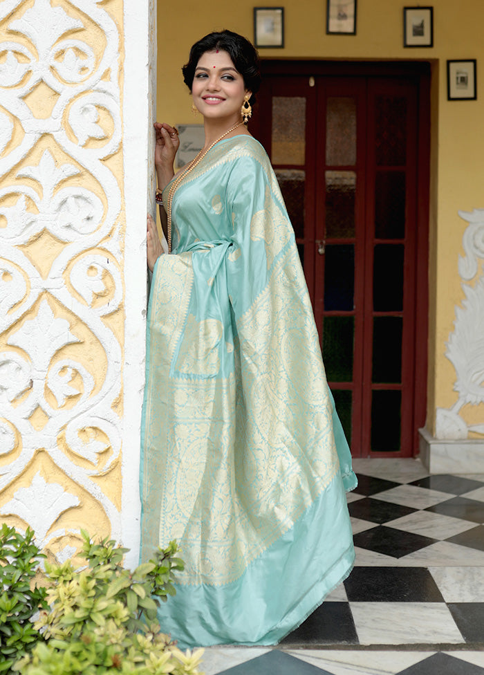 Blue Pure Katan Handloom Silk Saree With Blouse Piece - Indian Silk House Agencies