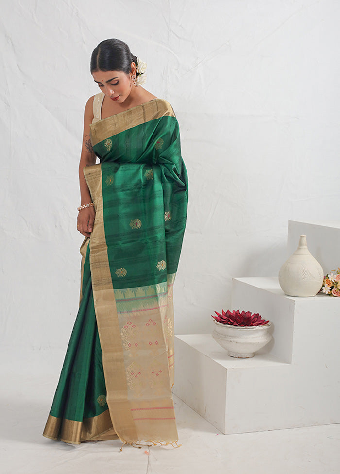 Green Raw Pure Silk Saree With Blouse Piece - Indian Silk House Agencies