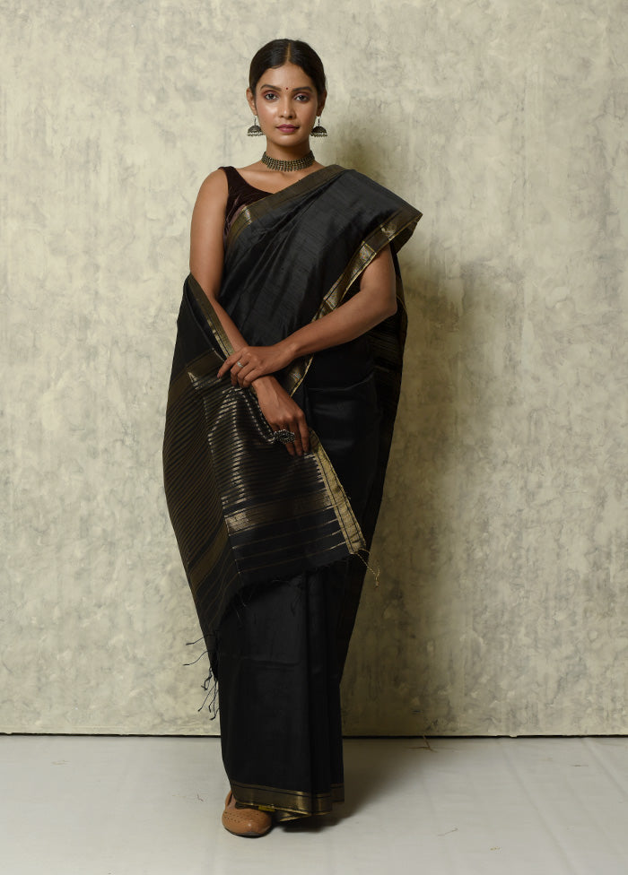 Black Raw Silk Saree With Blouse Piece - Indian Silk House Agencies