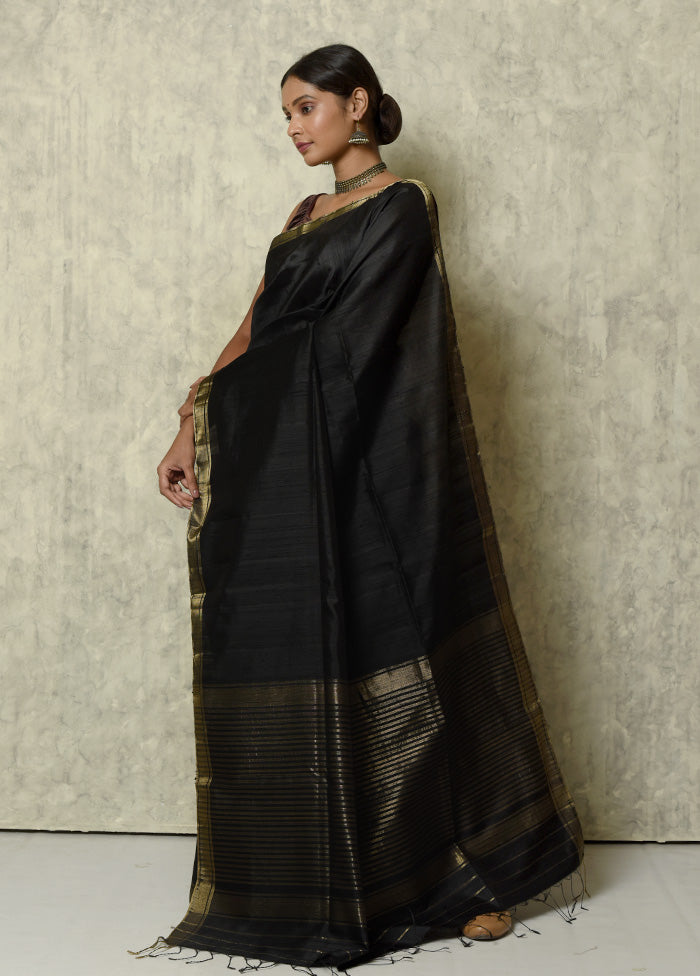 Black Raw Silk Saree With Blouse Piece - Indian Silk House Agencies