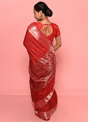 Red Dupion Silk Saree With Blouse Piece - Indian Silk House Agencies