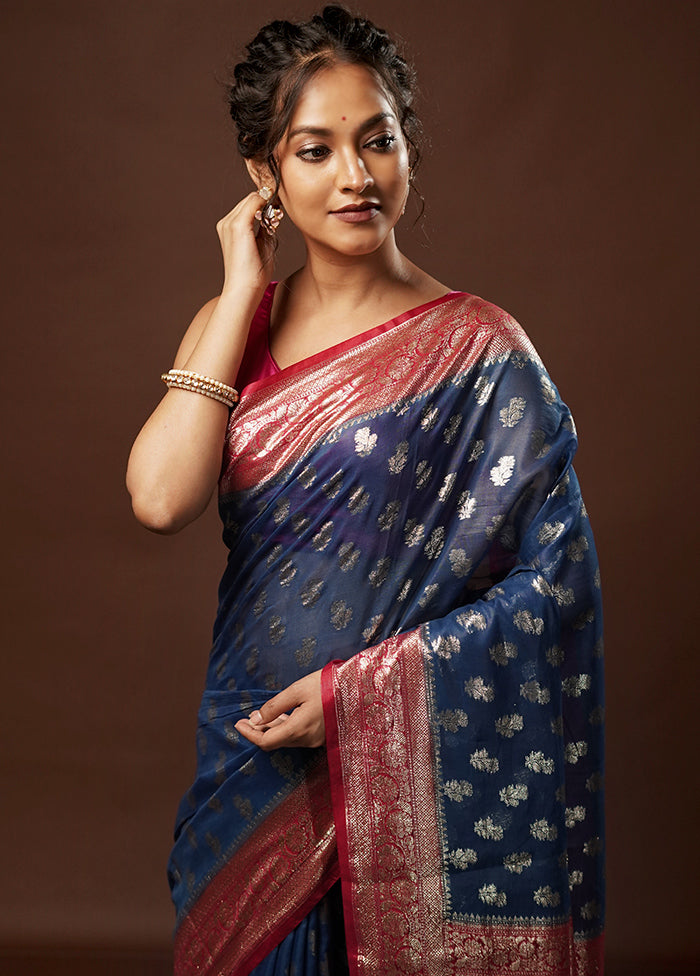 Blue Tussar Silk Saree With Blouse Piece