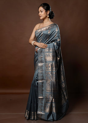 Grey Handloom Baluchari Pure Silk Saree With Blouse Piece