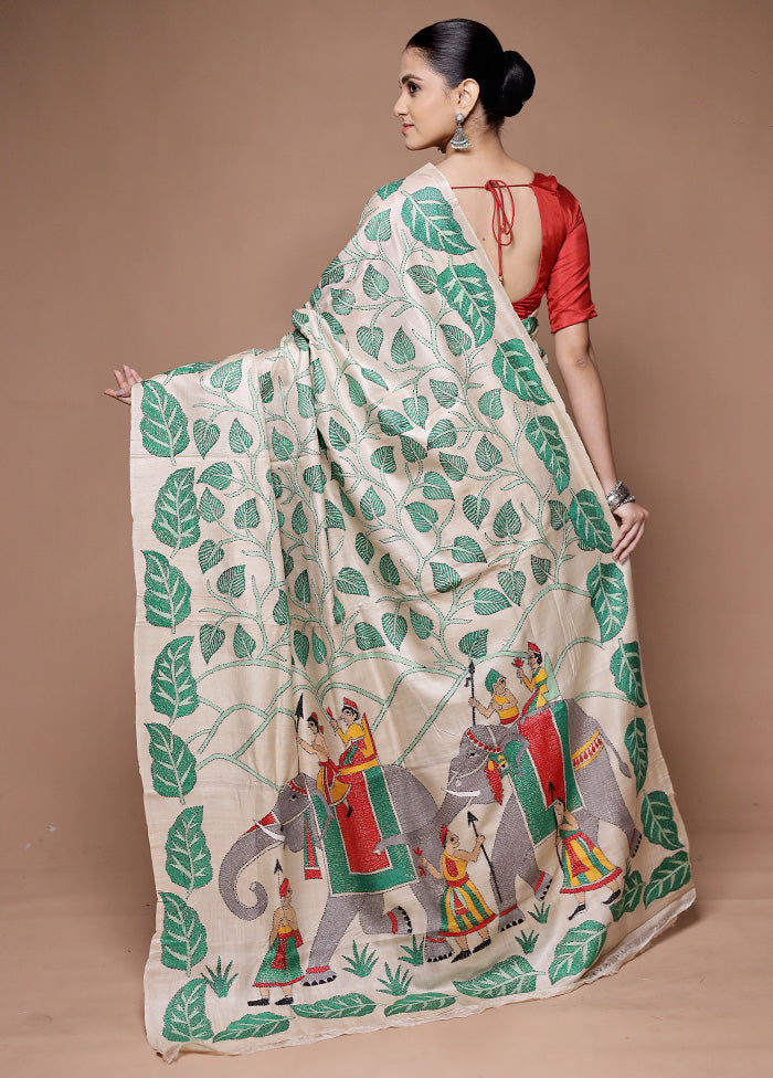 Cream Handloom Kantha Stitch Pure Silk Saree With Blouse Piece