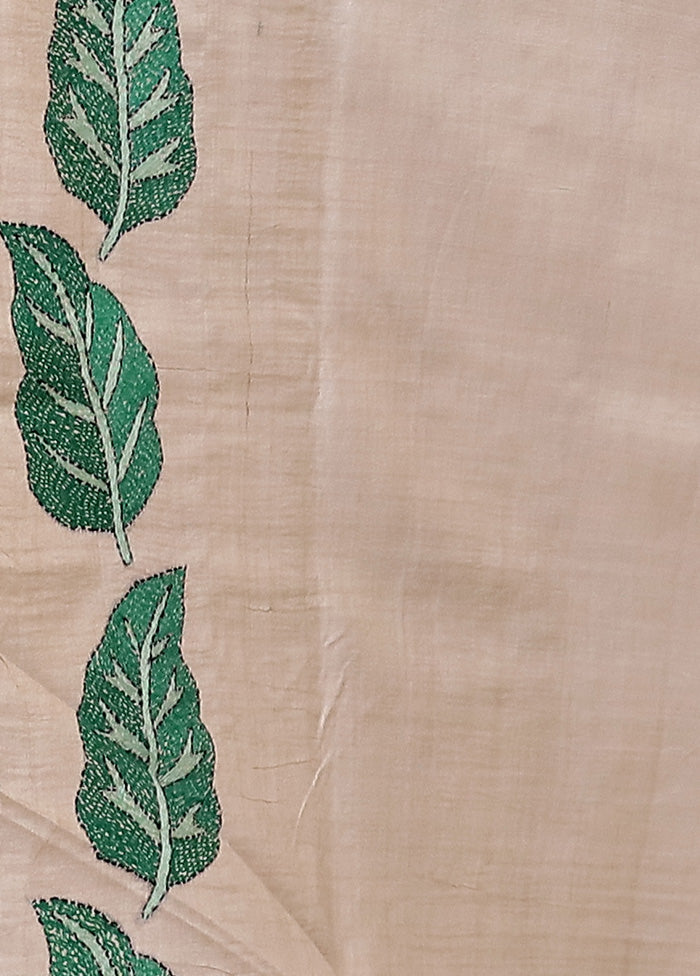 Cream Handloom Kantha Stitch Pure Silk Saree With Blouse Piece