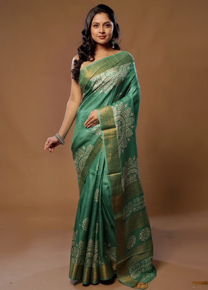 Green Tussar Silk Saree With Blouse Piece - Indian Silk House Agencies