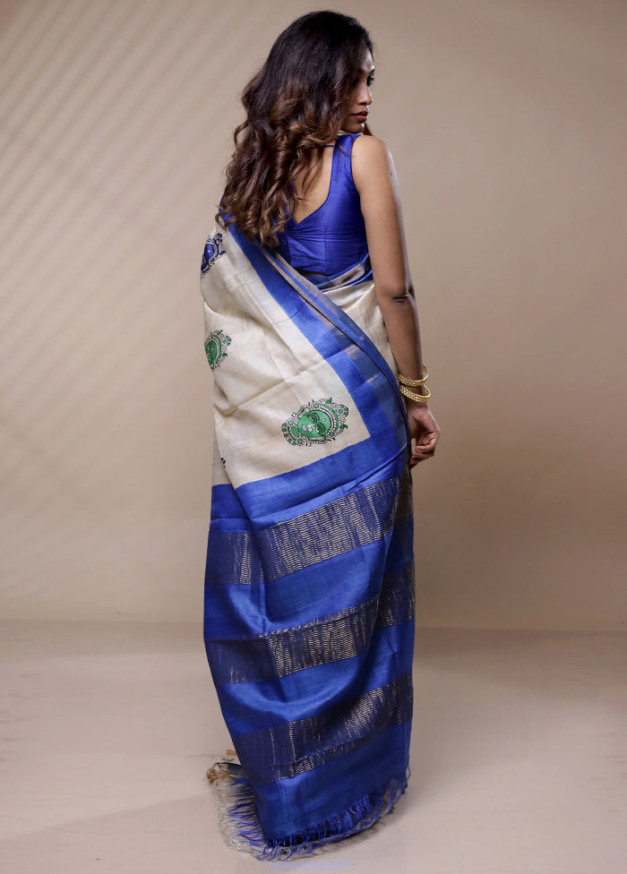 Cream Tussar Silk Saree Without Blouse Piece - Indian Silk House Agencies