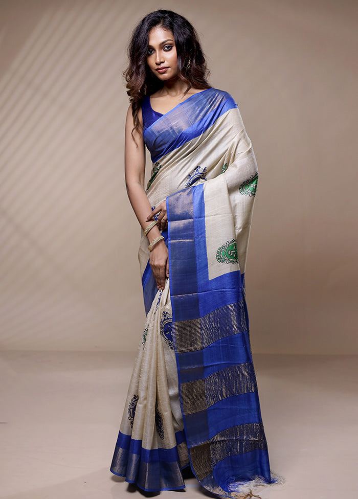 Cream Tussar Silk Saree Without Blouse Piece - Indian Silk House Agencies