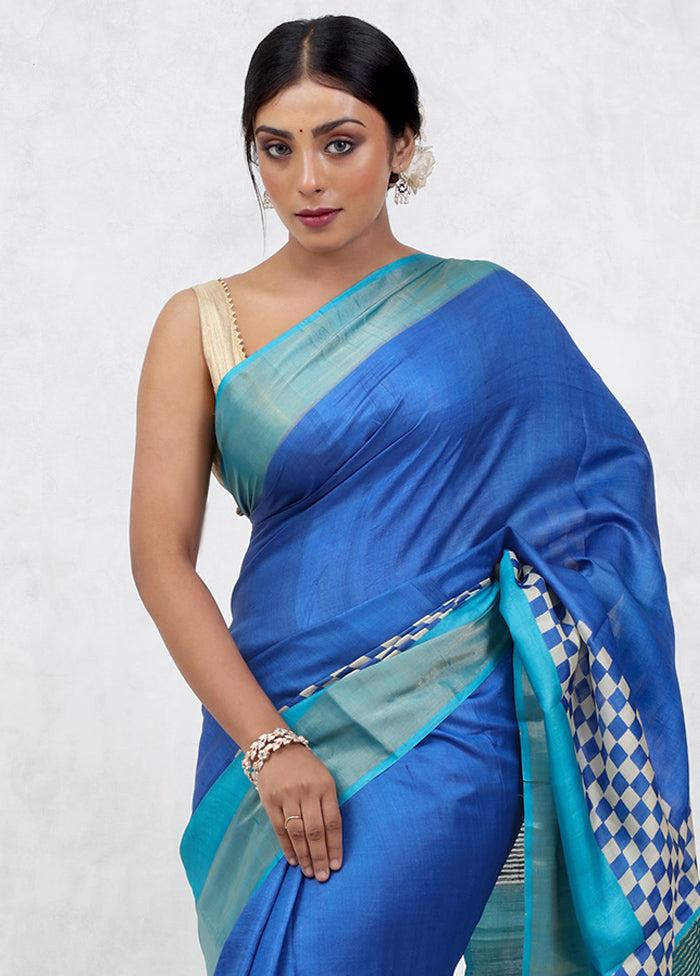 Blue Tussar Silk Saree Without Blouse Piece