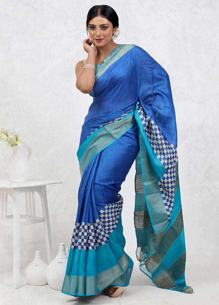 Blue Tussar Silk Saree Without Blouse Piece