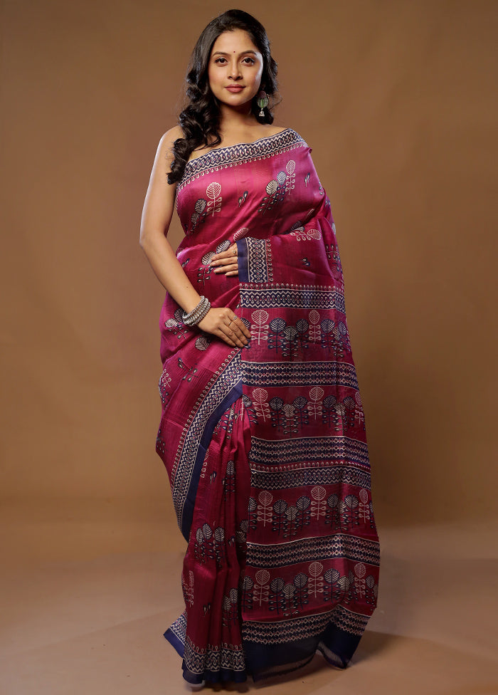 Purple Printed Pure Silk Saree With Blouse Piece - Indian Silk House Agencies
