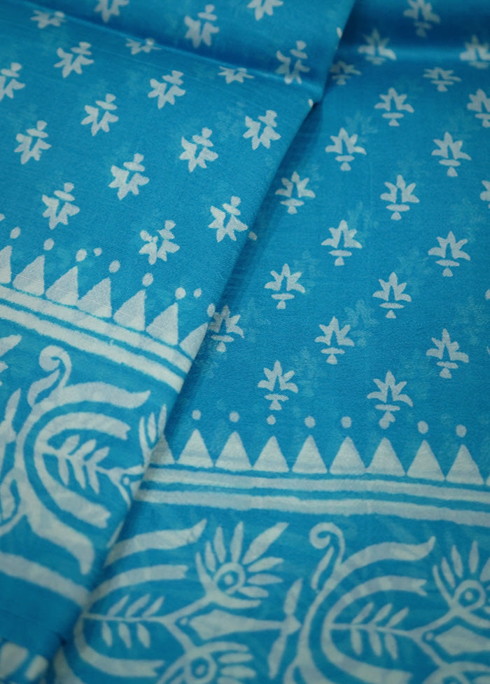 Blue Printed Pure Silk Saree With Blouse Piece - Indian Silk House Agencies