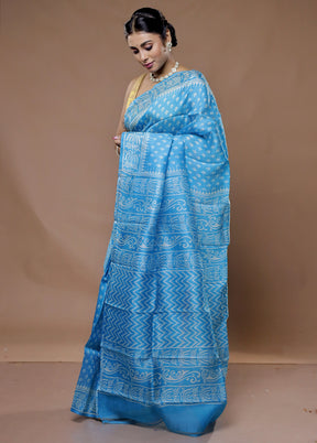 Blue Printed Pure Silk Saree With Blouse Piece - Indian Silk House Agencies