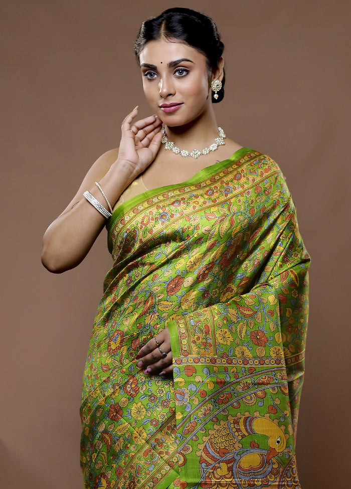 Green Printed Pure Silk Saree With Blouse Piece - Indian Silk House Agencies