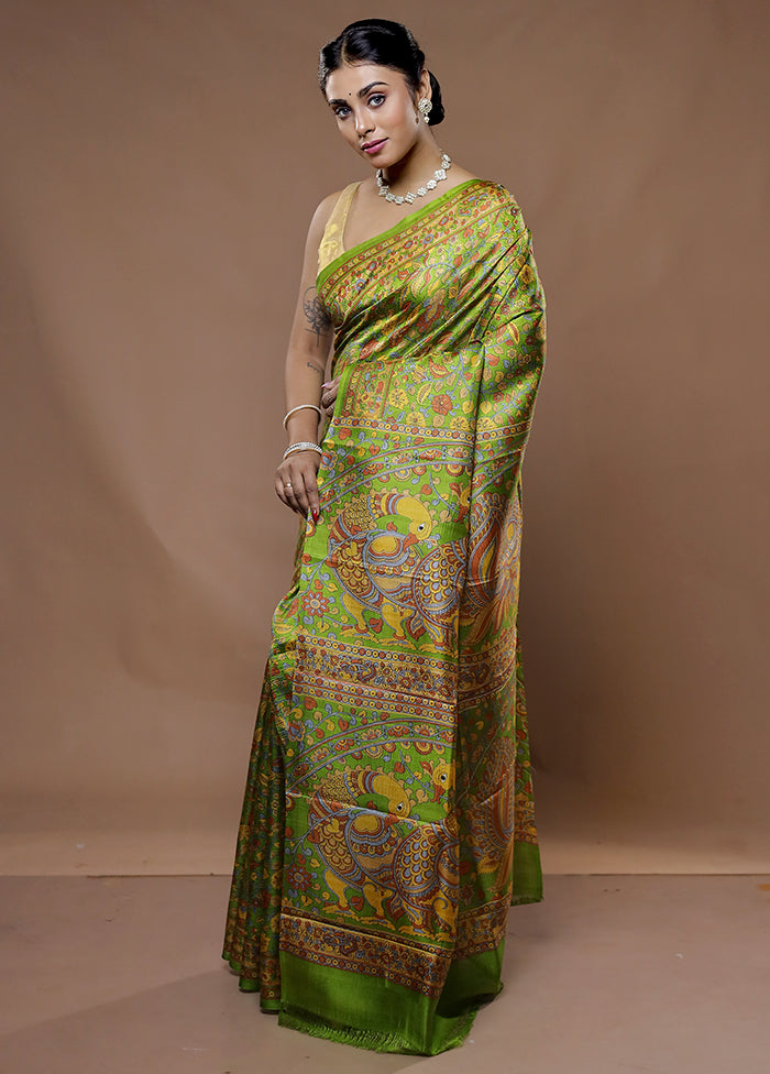 Green Printed Pure Silk Saree With Blouse Piece - Indian Silk House Agencies